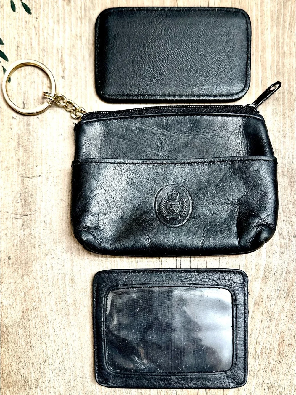 Black Leather Key Wallet Coin Pouch with Gold Keyring